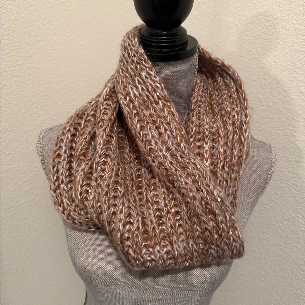 Brown Metallic Knit Infinity Scarf